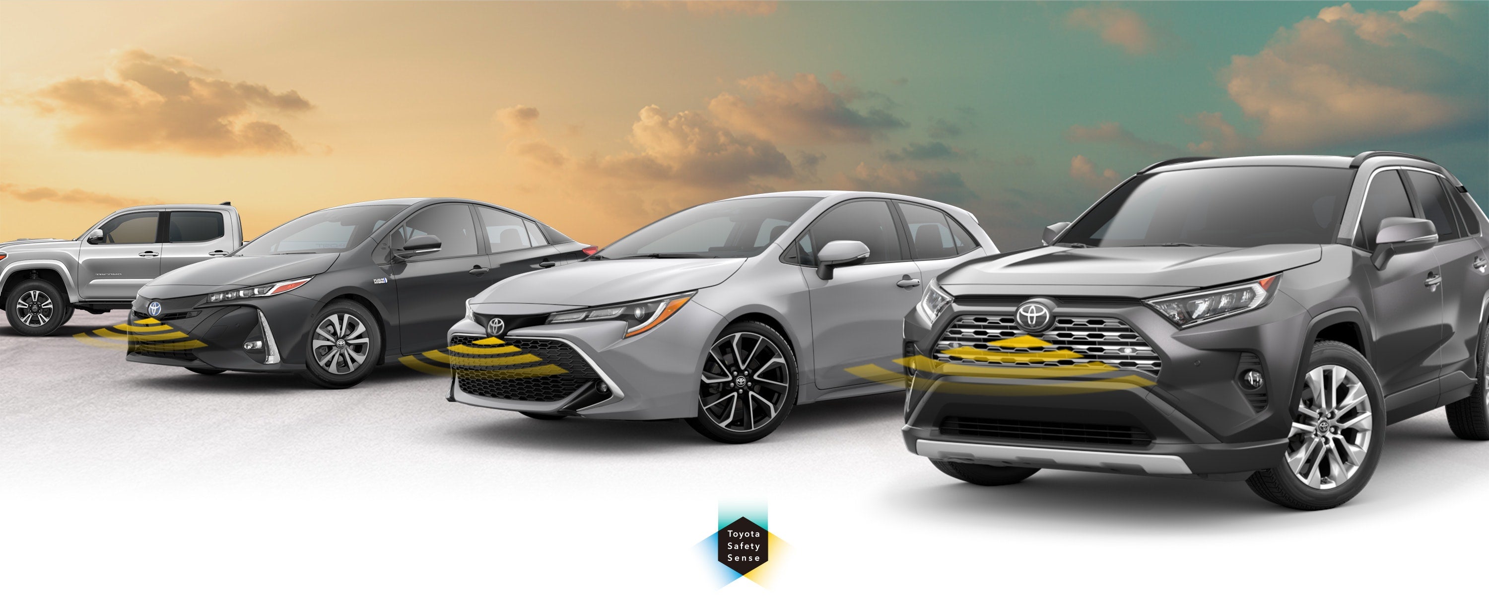 Toyota Safety Sense: Designed for Safety. Options shown on Toyota models including RAV4, Tacoma, and Camry, available now at Rochester Toyota in Rochester MN.